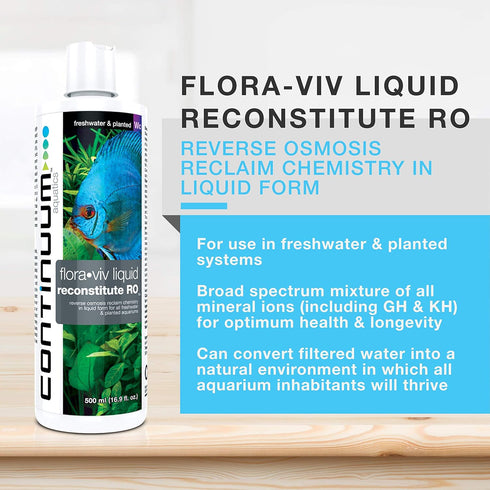 Continuum Aquatics Flora Viv Reconstitute RO - Mineral Element Water Conditioner for Distilled, Reverse Osmosis, or Deionized Water for use in Freshwater and Planted Aquariums, 500-ml (QRRL500)