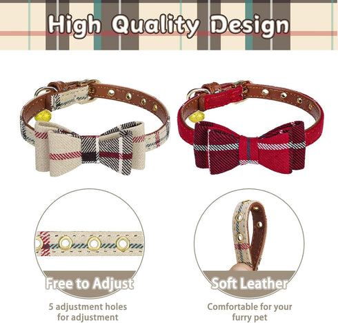 PUPTECK Puppy Collar with Bell, XXS Adjustable Bowtie Soft Leather Dog Collar for Cats & Extra Small Dogs (2 Packs)