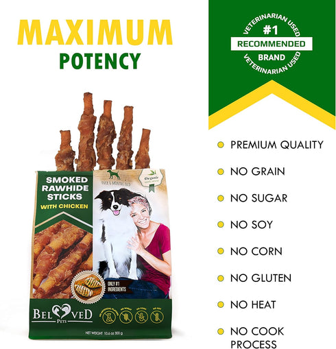 Dog Smoked Rawhide Sticks Wrapped Chicken & Natural Chew Treats - Grain Free Healthy Snacks for Small & Large Dogs