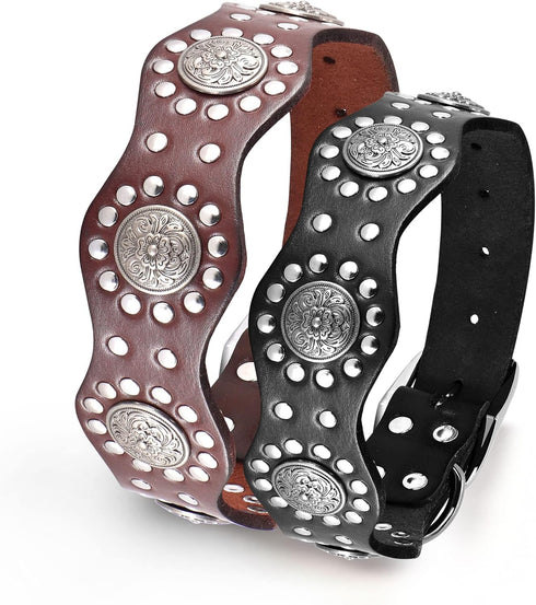 PET ARTIST Genuine Leather Dog Collar - Unique Design & Sturdy Leather, Heavy Duty for Rottweiler Pitbull Medium &