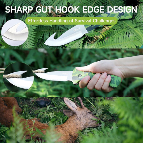 Fixed Blade Hunting Knife, Full Tang Stainless Steel Camping Knife with Gut Hook Edge, Green Wooden Handle, Sheath