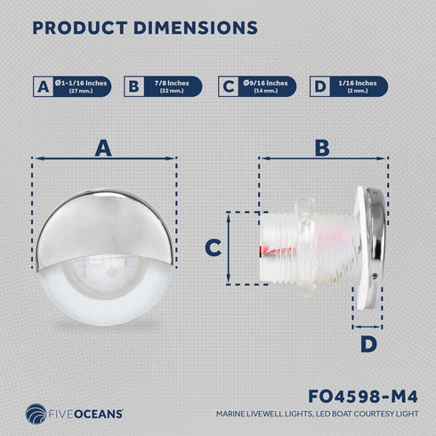 Five Oceans 4 Pack Marine Livewell Lights, LED Boat Courtesy Light, IP68 Waterproof, White LED, 12V