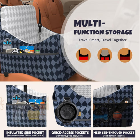 COZEER 35lbs, 4-Pocket Dog Car Seat for Small/Medium Dogs up to Storage Memory Foam Dog Booster Seat, Detachable