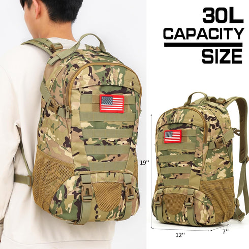 Tactical Military Backpack, Waterproof Black 30L Molle Backpack for Men with Flag Patch