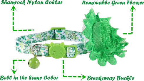 BoomBone Cat Flower Collar for St Patricks Day, Breakaway Puppy Charms, Irish Pet Accessories