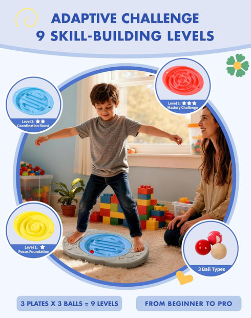 2-in-1 3 3 3-12 Kids Maze Balance Board, Swappable Labyrinths & Challenge Balls, Non-Slip Rubber Base Wobble Board