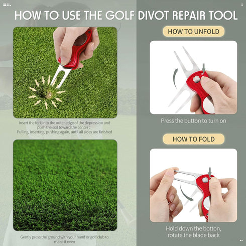 Skylety 4 Pieces Stainless Steel Golf Divot Repair Tool with Magnetic Button Ball Marker, Foldable Switchblade