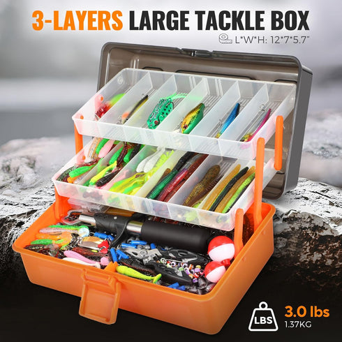 PLUSINNO Large 3 Layers Tackle Box with 415Pcs Fishing Lures Kit, Includes Pliers, Hooks, Weights & Accessories
