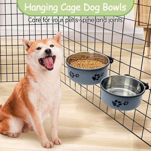 kathson 2 Pcs Dog Kennel Water Bowl - Stainless Steel No Spill Hanging Pet Food Water Bowl for Cats & Dogs (Gray)