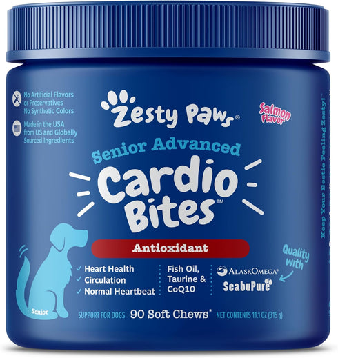 Zesty Paws Cardiovascular Support for Dogs, Taurine, CoQ10, L Carnitine & Sea Buckthorn, Senior Dog Heart Health