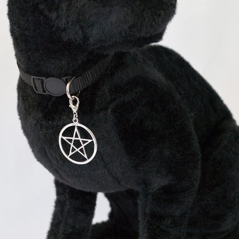 Black Cat Collar with Wiccan Pagan Pentacle, Silver Finish on Safety Breakaway Collar, Adjustable Neck Size