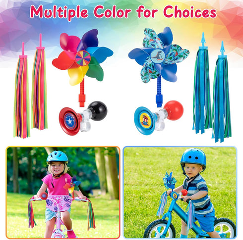 Kids Bike Horn Set with 2 Pcs Handle Streamers, Bicycle Bell and Windmill Accessories for Girls or Boys