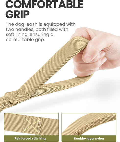 OutdoorMaster Bungee Dog Leash - Heavy Duty with Shock Absorption and 2 Padded Handles (Khaki Upgraded, 6 FT)