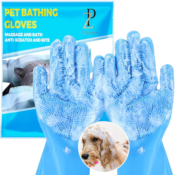 Pet Grooming Gloves, Dog Washing Gloves with High-Density Teeth, Silicone Bathing Gloves for Dogs and Cats (Blue)