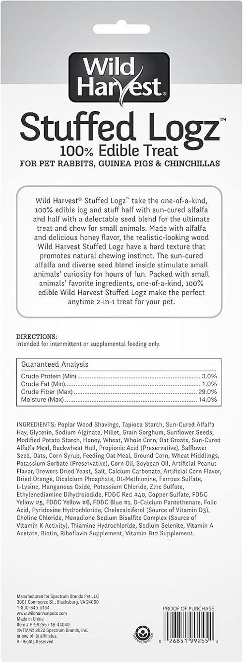 Wild Harvest Stuffed Logz - 1 Count Edible Treat for Rabbits, Guinea Pigs, and Chinchillas, Peanut Butter Flavor