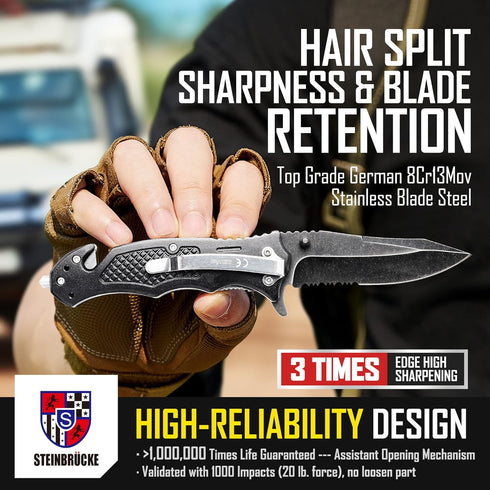 Steinbrucke Tactical Knife Pocket Knife Folding Stainless Steel 8Cr13Mov 3.4'' Blade, with Reversible Clip - Good Gift for Hunting Camping Survival Outdoor and Everyday Carry by Voltstorm