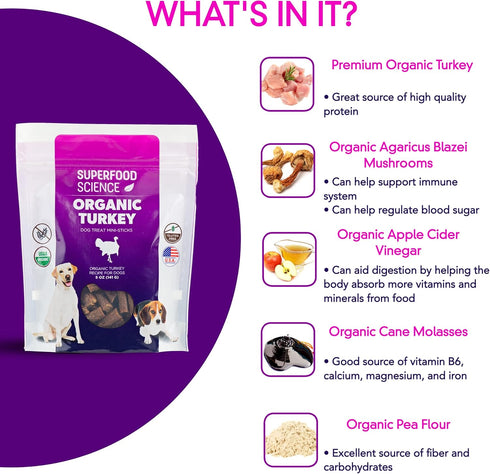 Organic Dog Treats for All Breeds, Semi-Soft Turkey Dog Training Jerky Snack Bites, 5 oz