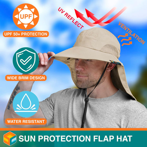 SUN CUBE Wide Brim Sun Hat with Neck Flap, UPF50+ Fishing Safari Hat for Men Women, Beach Protection