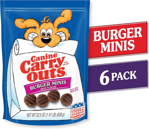 Canine Carry Outs Burger Minis Dog Treats, Beef Flavor, 22.5 oz (Pack of 6), Made with Real Beef