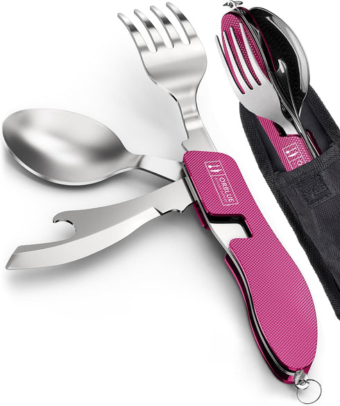 Orblue 4-in-1 Camping Utensils, Portable Stainless Steel Spoon, Fork, Knife & Bottle Opener Combo Set - 2-Pack, Hot Pink