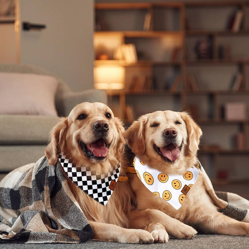 2Pcs One Happy Dude Dog Bandana, Boho Smile Face Checkerboard Print Fabric Pet Scarf, Adjustable Neckerchief
