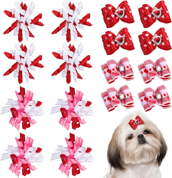 Chuangdi 16 Pieces Valentine's Day Dog Hair Bows, Mixed Styles Pet Accessories with Rubber Bands