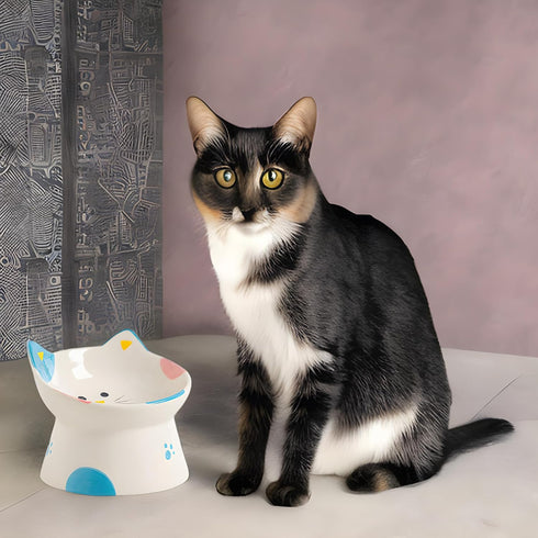 Cute Ceramic Raised Cat Bowls, Elevated Design, 15° Tilted Feeder, Protect Cat's Spine, Anti Vomiting Bowl for Flat
