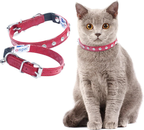 Angel Athens Red Rhinestone Leather Cat Collar, 12" x 1/2", Elastic Break-Away Safety