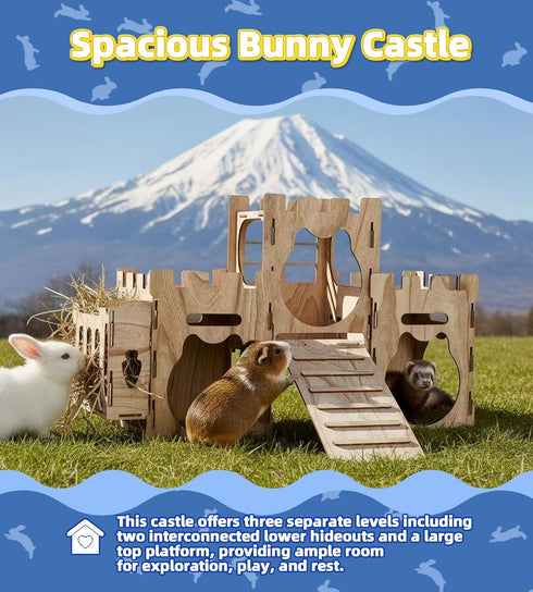 Chinchillas Larger Bunny Castle Sturdy Walnut Color Wooden Rabbit Hideout for Bunnies Guniea Pigs Ferrets Hamsters LXUS