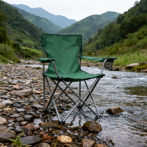 Generic Portable Quad-Folding Outdoor Camp Chair with Cup Holder, Army Green