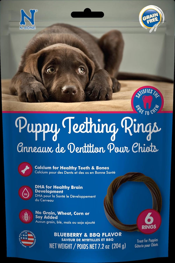 N-Bone Puppy Teething Rings - Grain-Free Blueberry & BBQ Flavor Dog Treat, 6 Count Bag