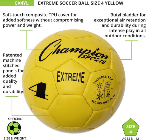 3, 4, 5, Champion Sports Extreme Series Soccer Ball Sizes Soft Touch, All Weather, High Air Retention, Youth & Adult