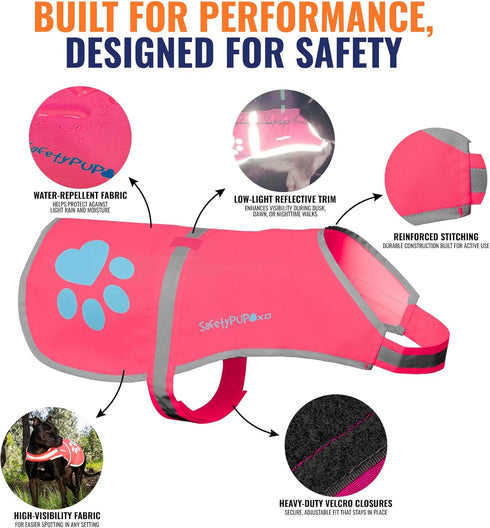 Dog Reflective Vest, Hi-Vis Fluorescent Visibility for Pet Safety On/Off Leash, Urban & Rural Areas (Pink, X-Small)