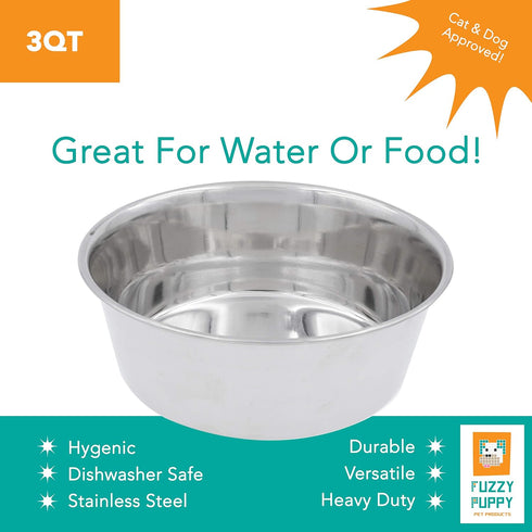 Fuzzy Puppy Heavy-Duty Stainless Steel Food & Water Bowl for Cats & Dogs, Silver, 3 Quart