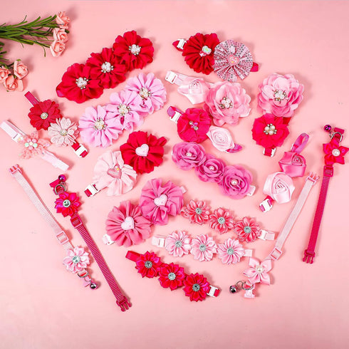 Tudomro 40 Pcs Adjustable Pink Dog Collars, Rose Red for Small Medium Dogs, Wedding Party Grooming Accessories