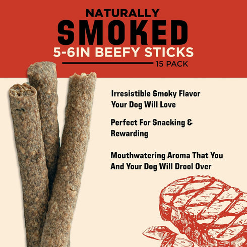 Hickory Smoked Beef Stick Dog Treats 15-Pack by Barkworthies USA - All Natural Smoked Crunchy Treats
