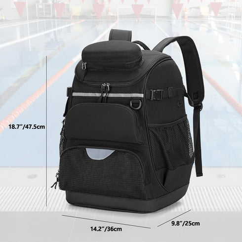 Swim Backpack with Separate Shoe Space, Swim Gear Bag for Swimming Pool and Beach, Black Sports Backpack