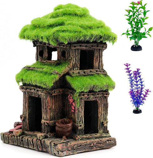 Fish House for Aquarium Decorations, Fish Hideout with Lifelike Moss and 2 pcs 4 inch Artificial Plants