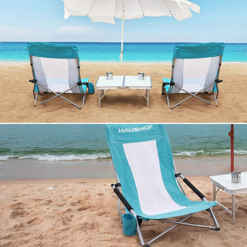 HAUSHOF High Back Beach Chair, Mesh Back Folding Chair, Lightweight Low Seat Camping Chairs with Cup Holder, Carry Bag