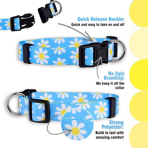 Native Pup Flower Dog Collar, Adjustable Small Medium Large, Cute Designer Puppy Accessories, Pink Floral Blue Daisy