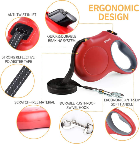 Fida Retractable Dog Leash with Dispenser, 16 ft Pet Walking Leash for Medium Dog or Cat, Red