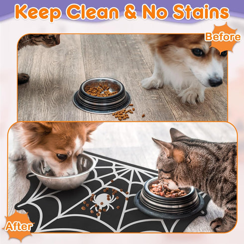 Pet Mats for Food and Water - Anti-Slip Waterproof Feeding Mat for Pet Food Water Bowl, 23.6"x15.7" Spider Web Design