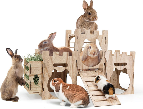 Larger Bunny Castle Sturdy Walnut Color Wooden Rabbit Hideout for Bunnies Guniea