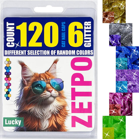 zetpo Glitter Cat Nail Caps, Cat Claw Covers with Adhesives and Applicators (6X Glitter | 120 pcs, M)