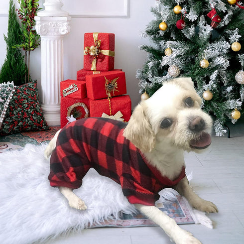 Pet Christmas Pajamas, X-Large Red Black Buffalo Plaid Jumpsuit for Dogs & Cats, Soft Winter Clothes