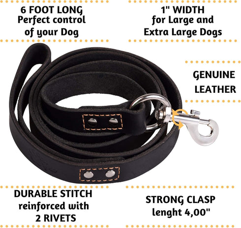ADITYNA Heavy Duty Leather Dog Leash, 6 ft x 1", Strong and Soft Training Leash for Large Dogs, Black