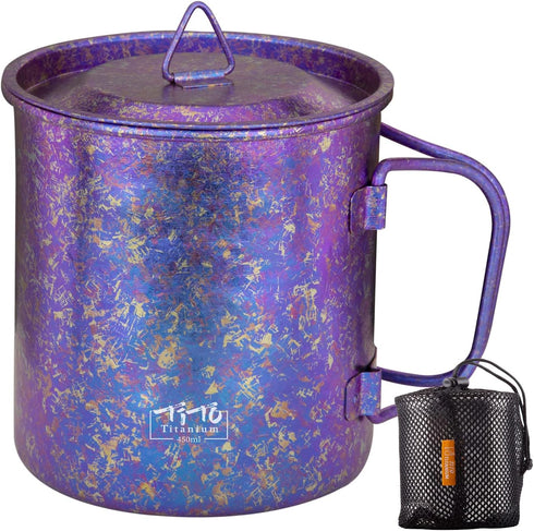 TiTo Titanium Cup with Lid, Ultralight Portable 450ml Foldable Handle Camping Tea Coffee Water Mug for Outdoor Use