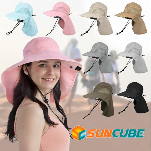 SUN CUBE Wide Brim Sun Hat with Neck Flap, UPF50+ Fishing Hiking Safari Hat for Men Women