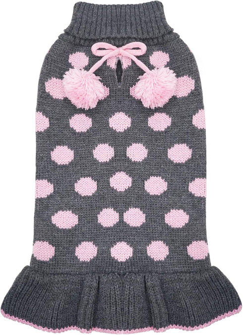 KYEESE Turtleneck Dog Sweater Dress for Small Dogs, Polka Dot Knit Pullover with Leash Hole, Warm Pet Sweater