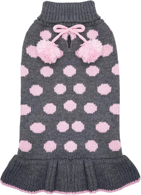 KYEESE Turtleneck Dog Sweater Dress for Small Dogs, Polka Dot Knit Pullover with Leash Hole, Warm Pet Sweater